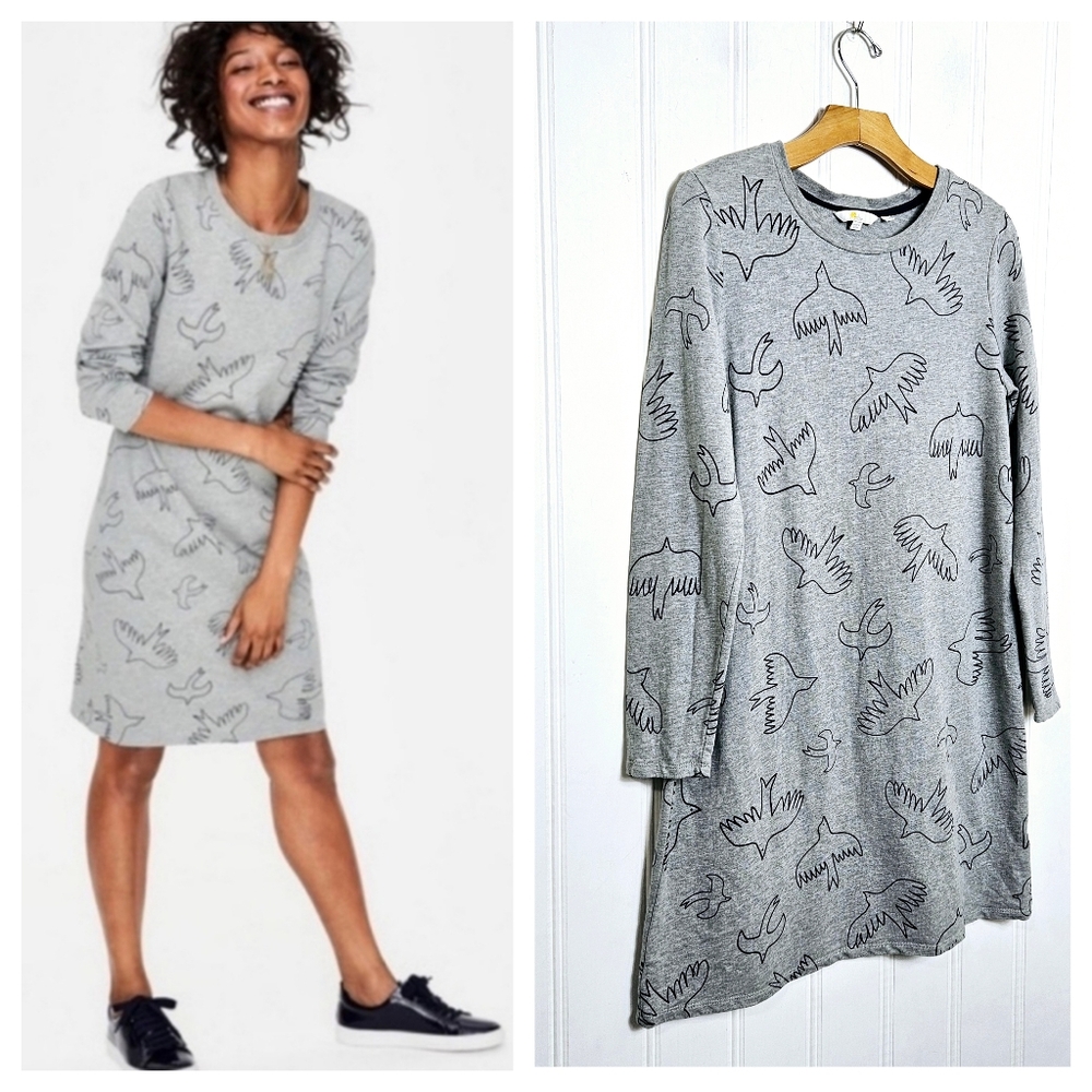 Boden Gray Long-Sleeve Bird Print Sweatshirt Dress